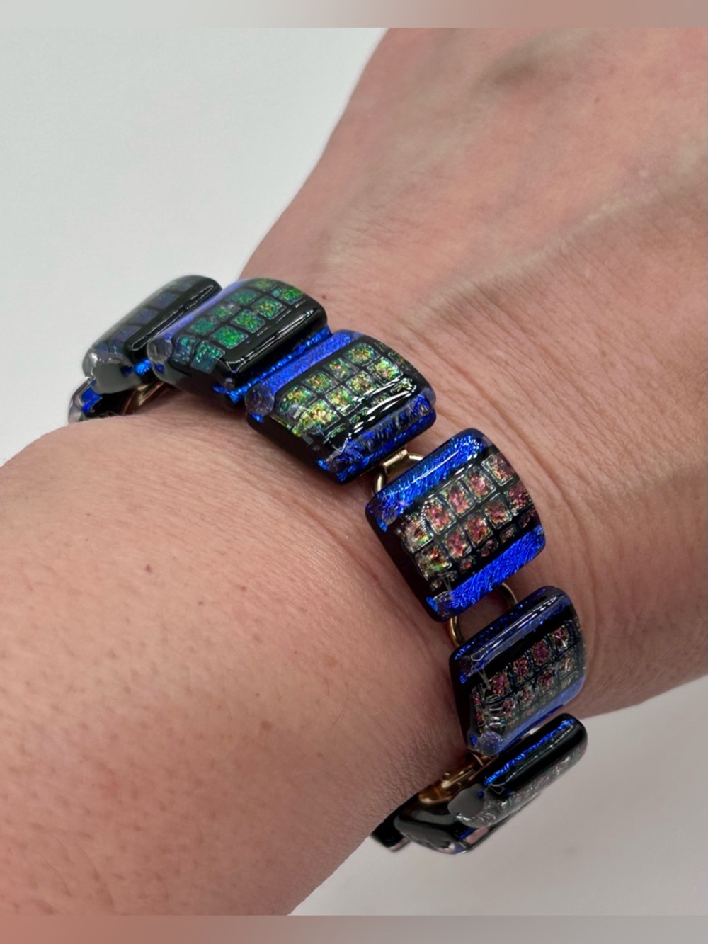 Vintage Blue Dichroic Glass Bracelet Link Cabochon Not Marked 7"